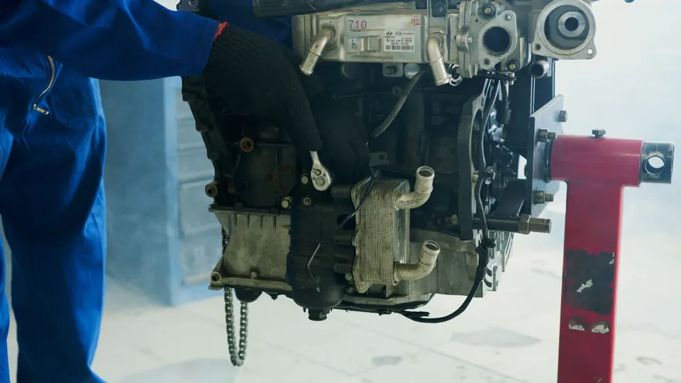 Silnik wyjęty z auta na stojaku, obok mechanik w niebieskim kombinezonie